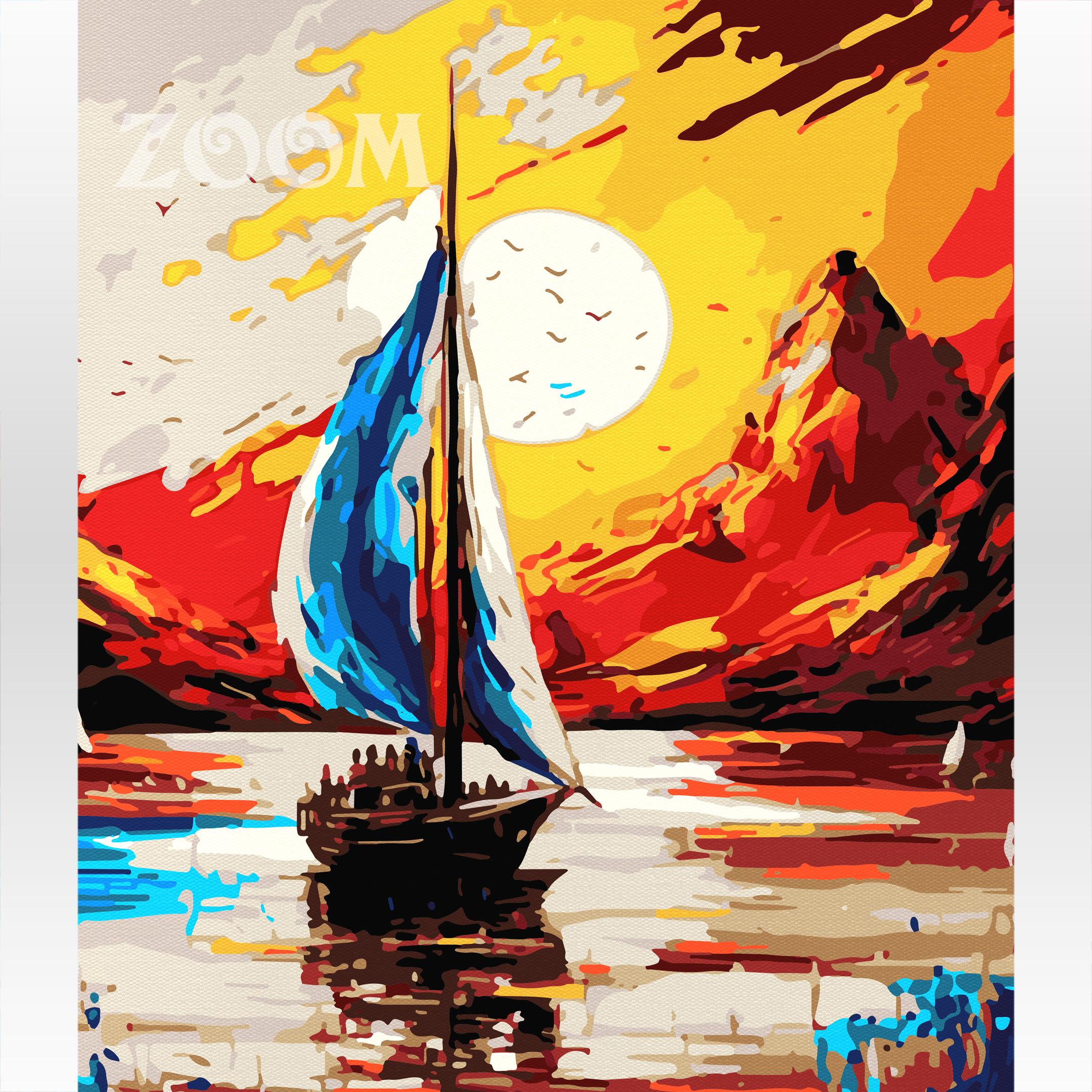 Żagle o zachodzie. Wspaniałe, piękne, dopracowane obrazy malowane po numerach. Sklep akrylowo.pl to wymarzone miejsce dla malarzy amatorów. Maluj numerami. Dla dzieci i dorosłych.