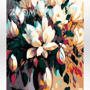 Malowanie po numerach. Kwiaty magnolii w wazonie.