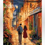 Malowanie po numerach. Spacer, para, miasto, noc. latarnie.