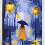 Malowanie po numerach, ręcznie wykonane, w 100% polskie. Dla dorosłych, dla dzieci. Kobieta, parasol, wieczór, latarnie.