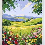 Polskie malowanie po numerach, Kup, a przekonasz się, że warto zapłacić za jakość. Łąka, natura, kwiaty, pagórki.