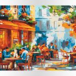 Malowanie po numerach zaprojektowane i wykonane całościowo w Polsce. Akrylowo. Włochy, restauracja, kawa.