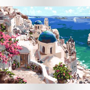 Malowanie po numerach dla wymagających. Akrylowo. Grecja, Santorini, morze Egejskie.